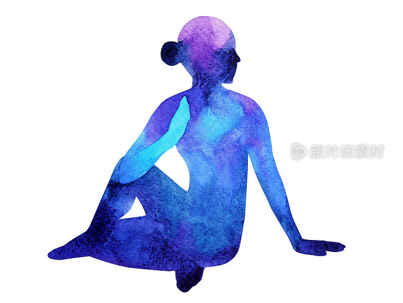 姿势瑜伽，蓝色脉轮水彩画手绘插画设计，(ardha matsyendrasana)